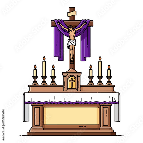 Vector Catholic altar for Ash Wednesday, purple cloth covering the cross. Vector flat design cartoon. AI generated images.
