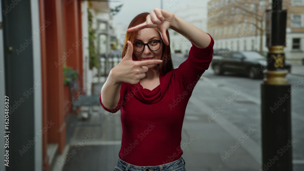 Fototapeta premium Woman posing on a city street, wearing glasses and a red sweater, using fingers to frame something, blonde hair, day scene, stylish fashion, thoughtful moment, urban backdrop.