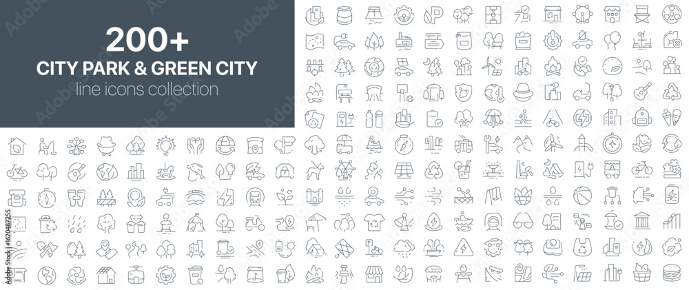 custom made wallpaper toronto digitalCity park and green city line icons including trees, recycling, eco transport, clean energy, urban nature, walking zones, and public spaces. Suitable for eco initiatives, smart cities