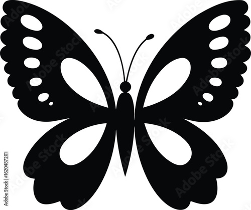 Butterfly silhouette with elliptical wing cutouts and curved antennae isolated on white vector for design use