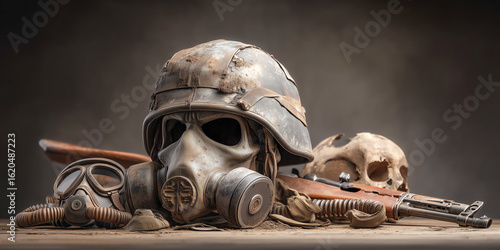 Stylized 3D Composition of Floating War Gear Including Rifle, Helmet and Gas Mask