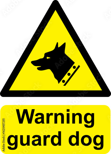 Black and yellow vector graphic of Waring Guard Dog warning sign. It consists of a symbol in a triangle above warning text.