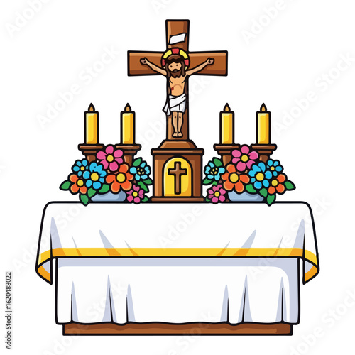 Easter Catholic altar vector, clean white cloth and fresh flowers. Vector flat design cartoon. AI generated images.
