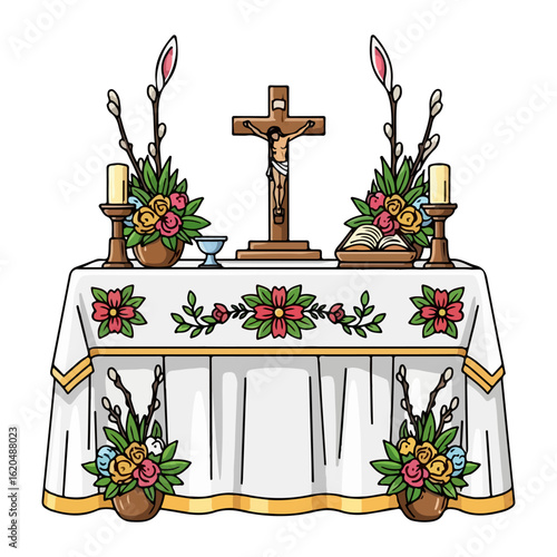 Easter Catholic altar vector, clean white cloth and fresh flowers. Vector flat design cartoon. AI generated images.