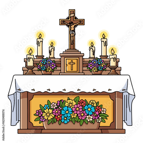 Easter Catholic altar vector, clean white cloth and fresh flowers. Vector flat design cartoon. AI generated images.