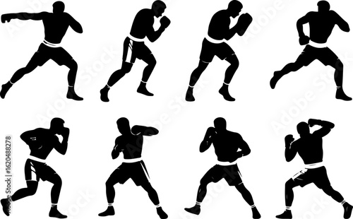 pure black silhouette vector illustrations of a boxer mid-punch throwing a jab