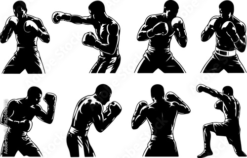 pure black silhouette vector illustrations of a boxer mid-punch throwing a jab