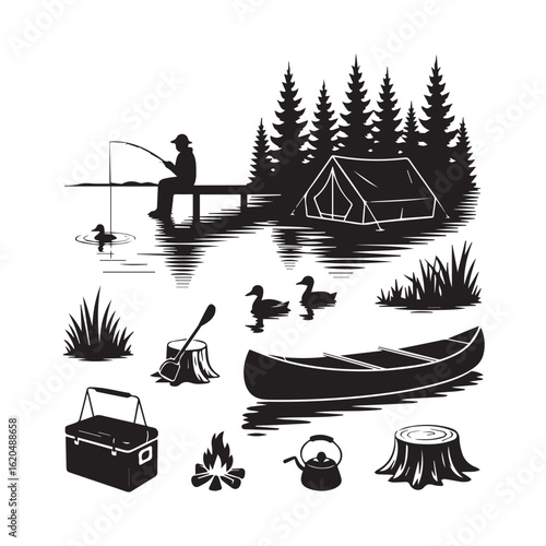 Rustic outdoor camping and fishing scene with canoe tent and wildlife elements