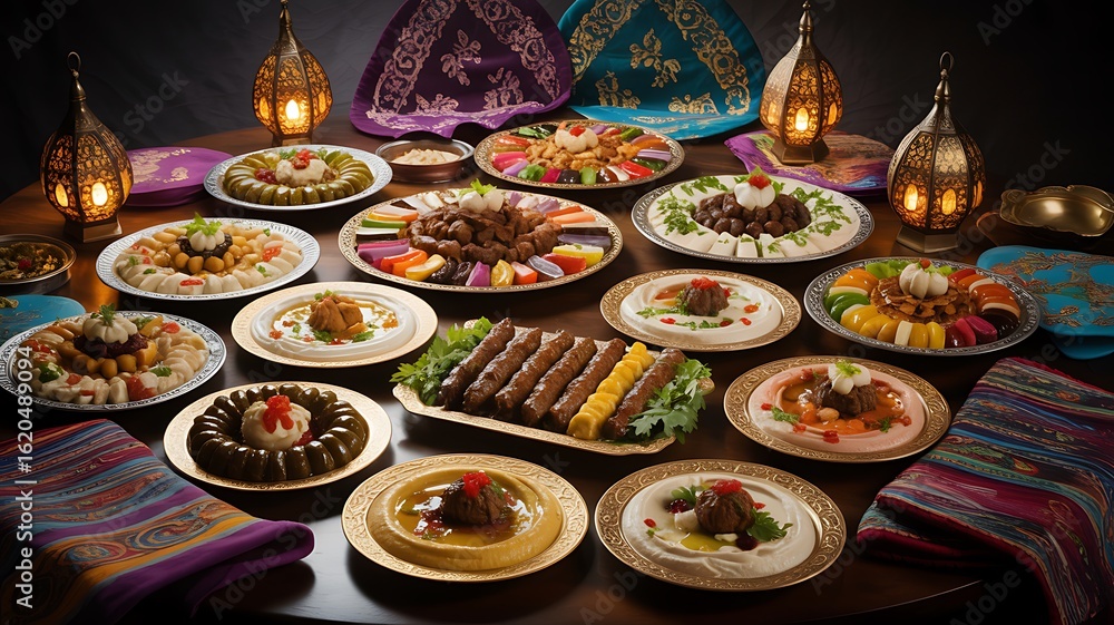 Fototapeta premium Festive Iftar Buffet with Arabic Decor Middle Eastern feast on round table