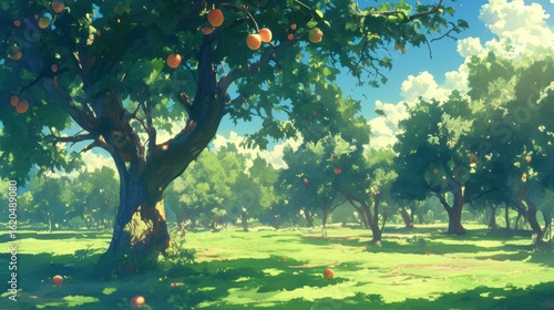 Lush orchard scene under a sunny sky.