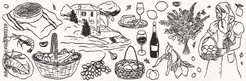 Italian or french style rustic autumn vacation hand drawn vector illustrations in ink doodle sketch style. Summer grape or lemon harvest drawings for poster, placard print, travel or wedding cards.