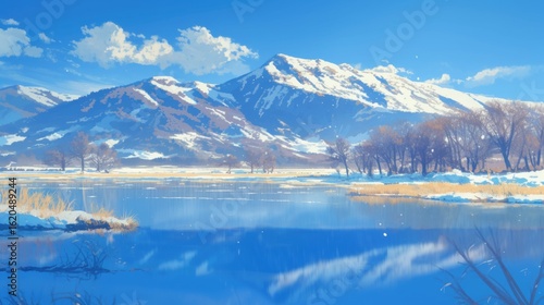 A serene winter landscape with a snow-covered lake and mountains.