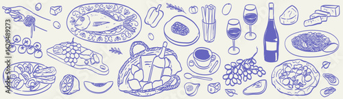 Italian retro vintage doodle drawing of food and wine. Family dinner, picnic, breakfast or supper with wine, pasta and snacks. Dolce vita drawings for cafe or restaurant menus, poster, placard design.