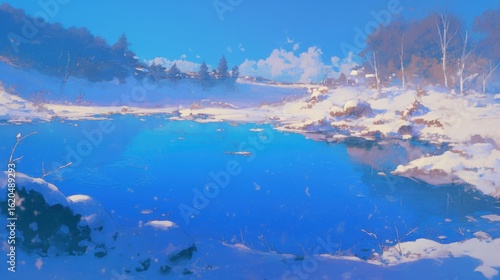 A serene winter landscape with a frozen river.