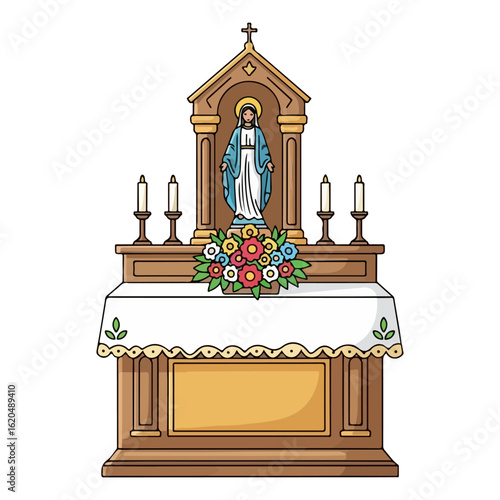Catholic altar vector of Mary month, small statue of Virgin Mary and flower arrangement. Vector flat design cartoon. AI generated images.