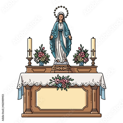 Catholic altar vector of Mary month, small statue of Virgin Mary and flower arrangement. Vector flat design cartoon. AI generated images.