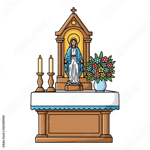 Catholic altar vector of Mary month, small statue of Virgin Mary and flower arrangement. Vector flat design cartoon. AI generated images.