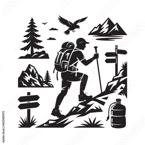 Silhouette of a hiker ascending a mountain trail with backpack and trekking poles