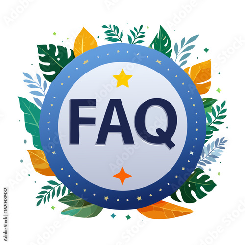 FAQ Badge Icon with Tropical Foliage - Frequently Asked Questions Illustration