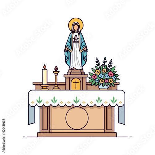 Catholic altar vector of Mary month, small statue of Virgin Mary and flower arrangement. Vector flat design cartoon. AI generated images.
