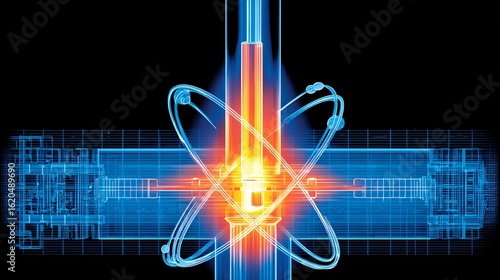 sleek, futuristic illustration of a molten salt reactor (MSR) core, glowing with an internal, warm orange light. Above it, stylized atoms of thorium orbit, symbolizing its role as a future nuclear 