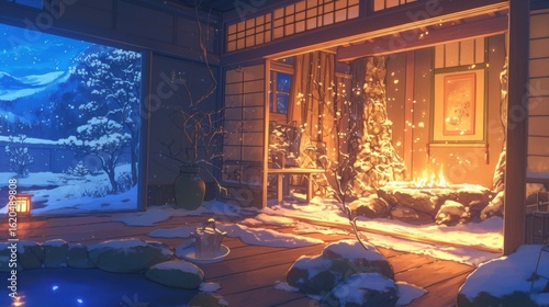 Winter evening scene in a traditional Japanese home.