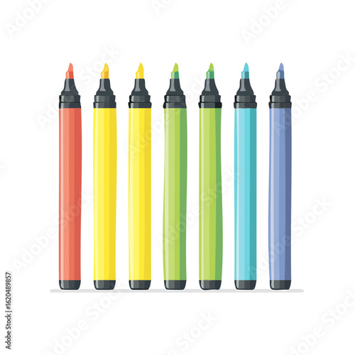 Row of Colorful Markers Rainbow Colored Highlighters School or Office Supplies Flat Design