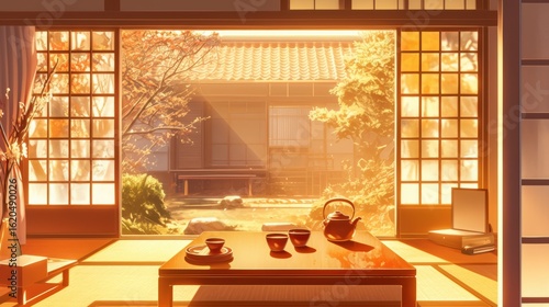Tranquil japanese interior with garden view.