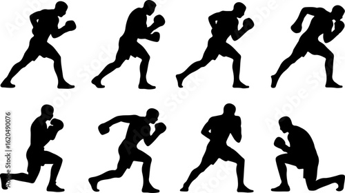 pure black silhouette vector illustrations of a boxer performing footwork drills