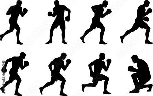 pure black silhouette vector illustrations of a boxer performing footwork drills