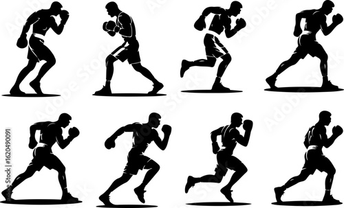 pure black silhouette vector illustrations of a boxer performing footwork drills