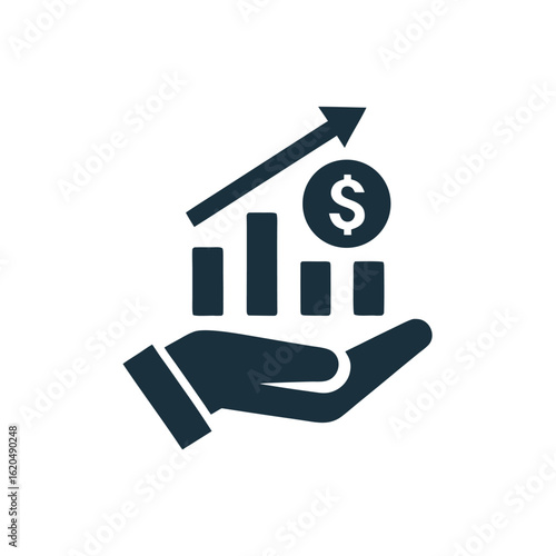 Dark blue hand holding increasing financial graph with dollar coin icon vector
