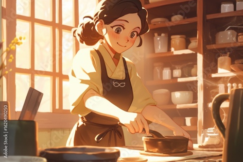 A woman in a kitchen prepares food in a warm, sunny setting.
