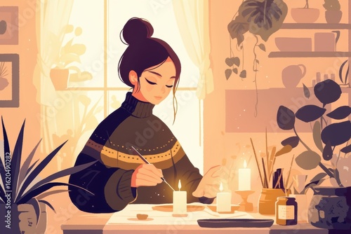 A woman crafting at a table with candles and plants.