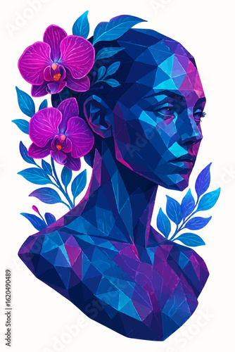 Colorful Low Poly Woman Portrait with Orchid Flowers – Geometric Botanical Vector Art