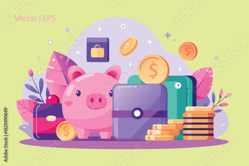 Pink piggy bank with coins and wallets on light green background money savings