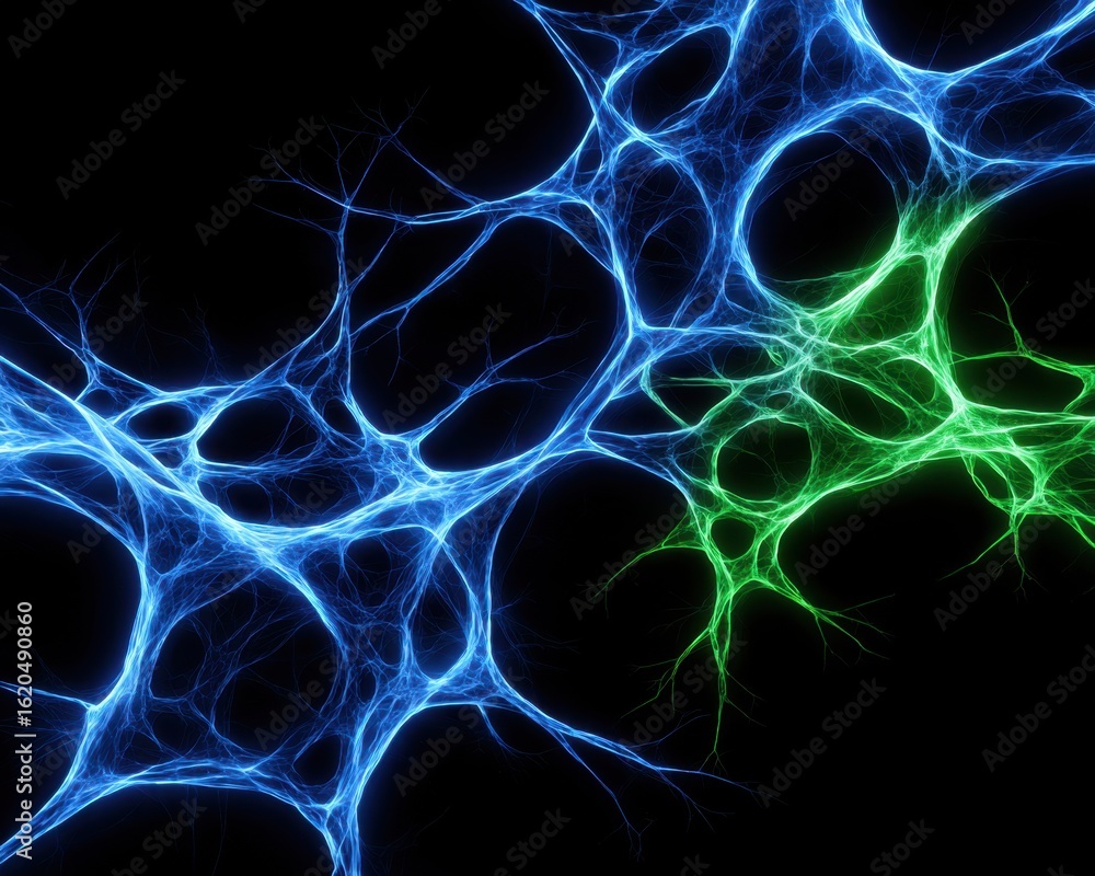 Fototapeta premium Electric Blue and Lime Green Glowing Spiderwebs - Futuristic Abstract Pattern on Black Background
