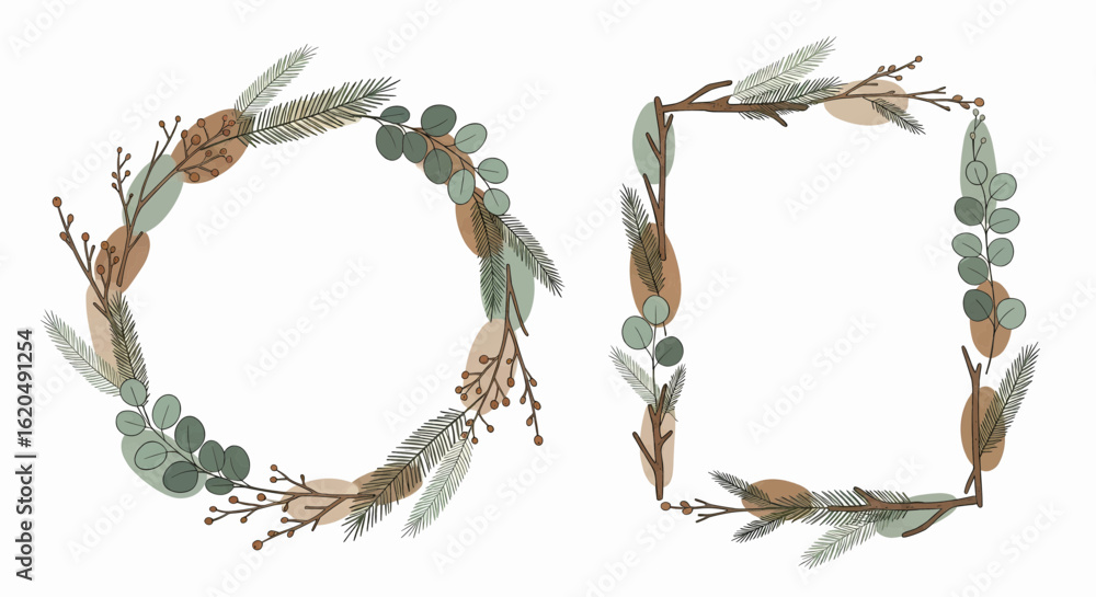 Obraz premium A collection of hand-drawn botanical wreaths and frames. Rustic circle and square decorative elements with winter foliage and berries.
