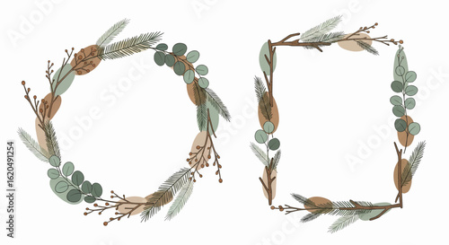 A collection of hand-drawn botanical wreaths and frames. Rustic circle and square decorative elements with winter foliage and berries.