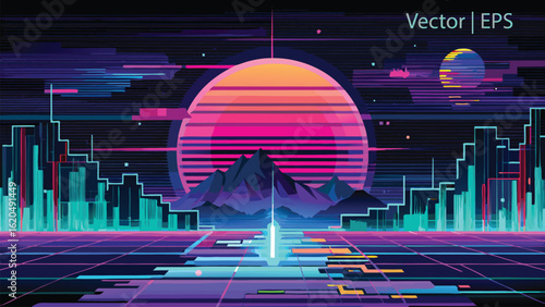 Retro futuristic cityscape with neon grid and glowing sunset over mountains retrofuturism