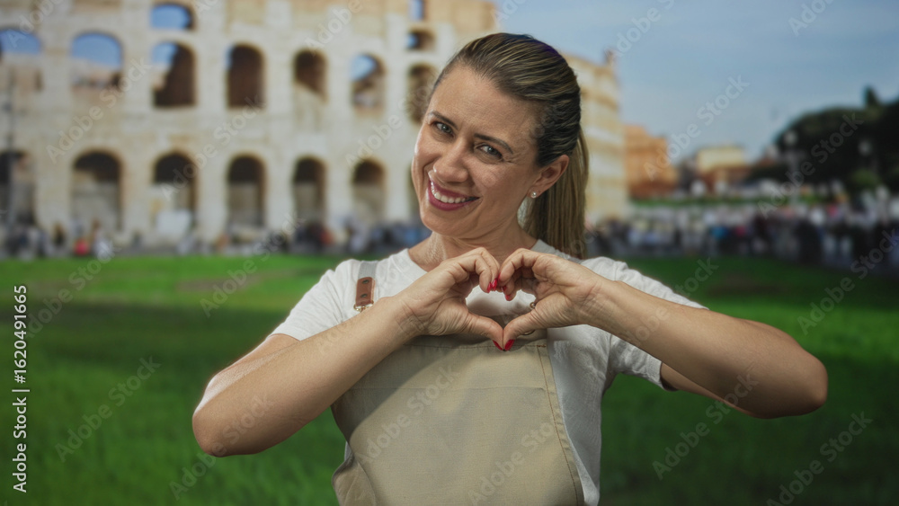 Φωτογραφία Smiling middle age woman making heart gesture with hands in front of building with green background; joy