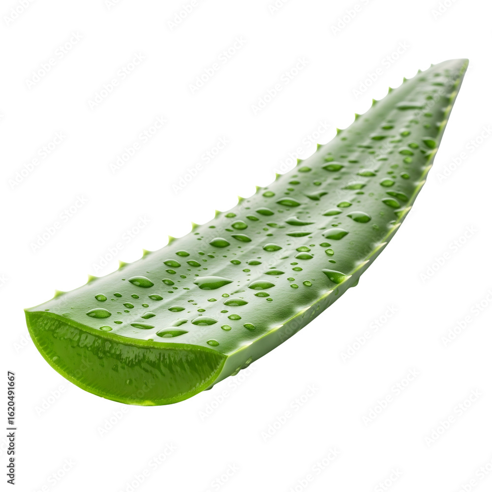 Naklejka premium Fresh Aloe Vera leaf with water droplets isolated on transparent background