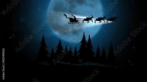 Santas sleigh pulled by reindeer flies through the night sky under a full moon, with a silhouette of pine trees in the foreground