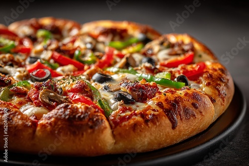 Delicious supreme pizza with colorful toppings on a black plate, close up view