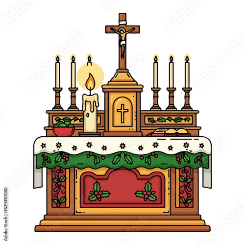 Vector Christmas eve Catholic altar, burning candle light and small cross standing. Vector flat design cartoon. AI generated images.