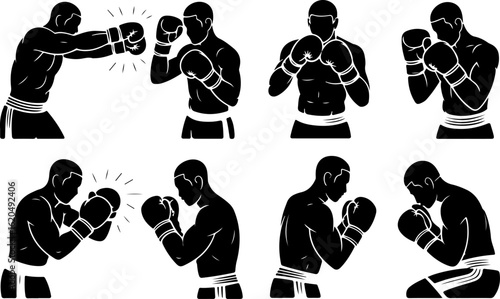 pure black silhouette vector illustrations of a boxer practicing with mitts 