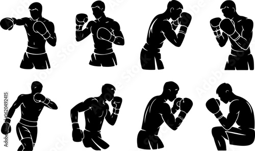 pure black silhouette vector illustrations of a boxer practicing with mitts 
