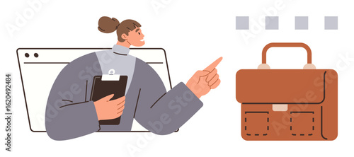 Businesswoman holding clipboard, pointing towards brown briefcase. Ideal for career growth, leadership, goal setting, mentorship, business planning, motivation, simple flat metaphor