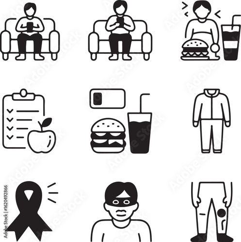 A collection of line icons representing health conditions, nutrition, and wellness, including symbols for sedentary lifestyle, obesity, diet, and disease awareness.