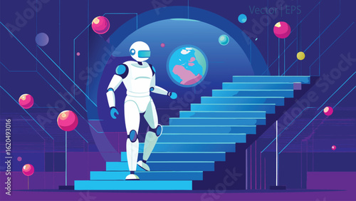 White robot walking up blue stairs with planets and spheres in futuristic setting